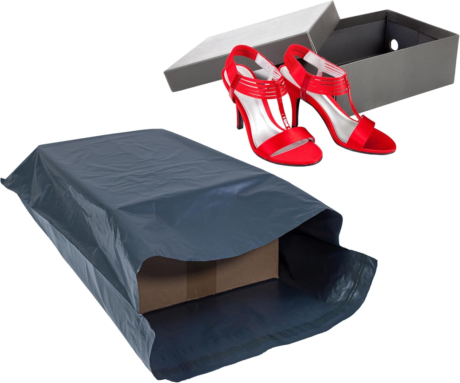 Standard grey postal mailer with a shoebox