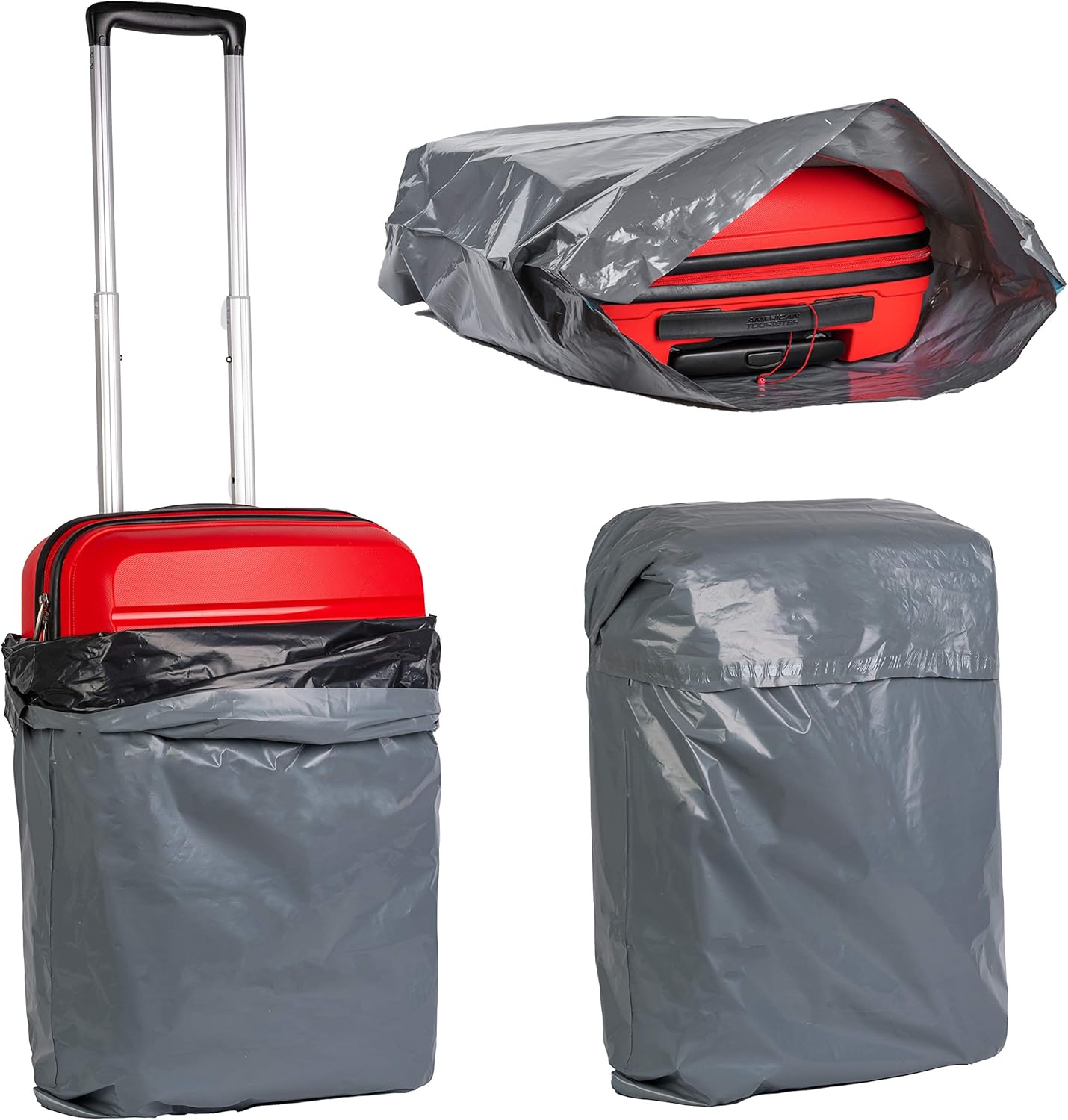 Extra-large grey parcel sack covering a suitcase