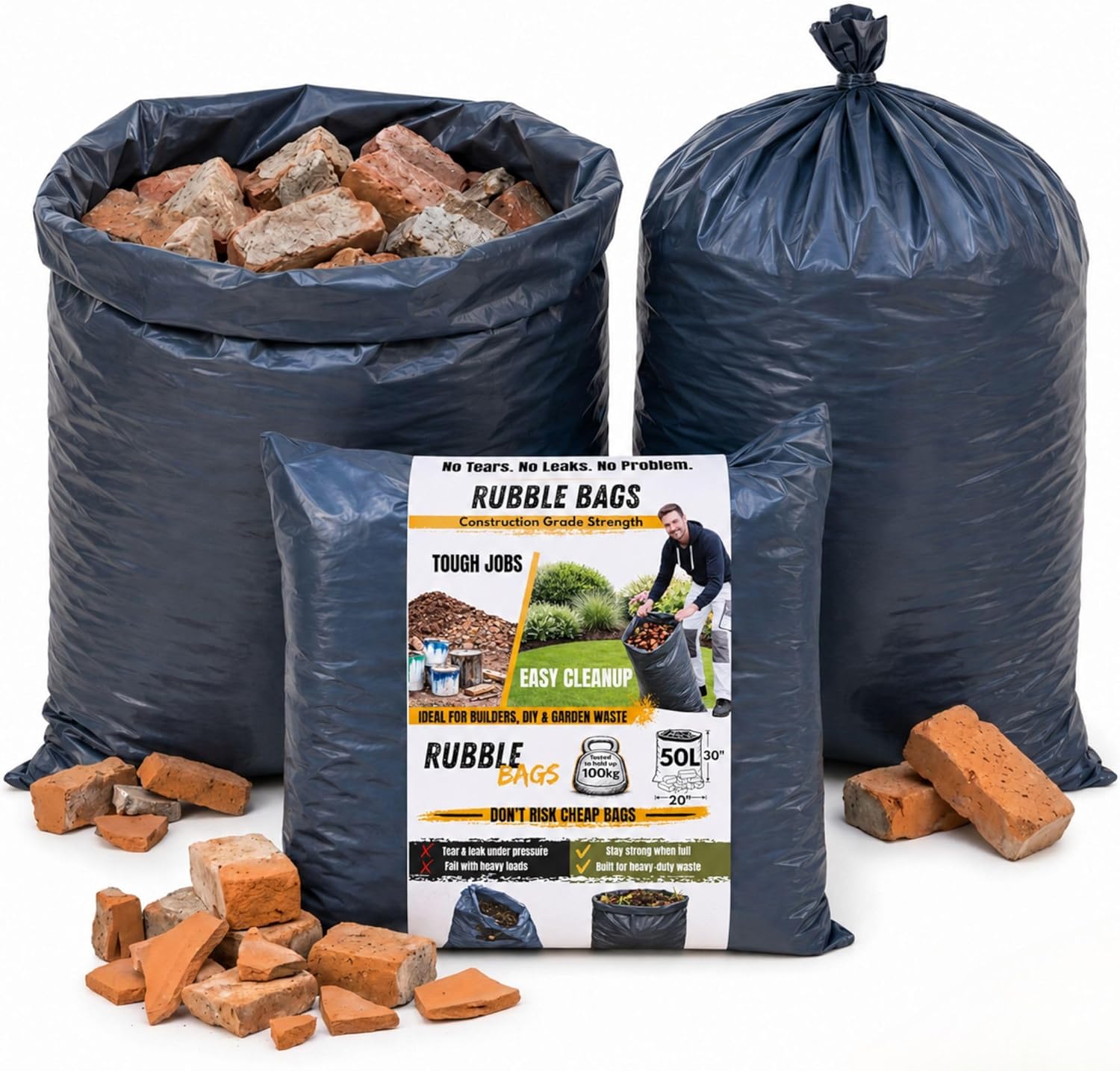 Calzette heavy-duty rubble sacks filled with bricks